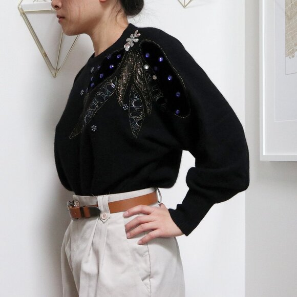 80s Black Angora & Wool Sweater w/ Abstract Asymmetric Applique Rhinestone - Picture 3 of 8
